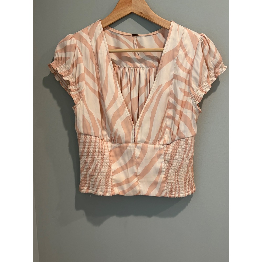Free People Zebra Print Smocked Waist V-Neck Ruffle Cap Sleeve Top‎ Peach Small